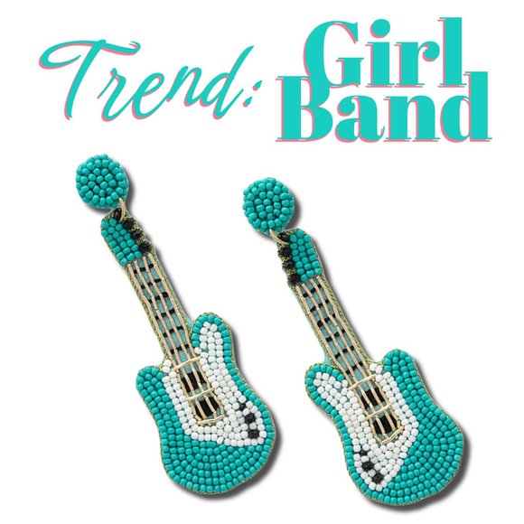 Turquoise Blue Seed Beaded Rocker Chic Guitar Statement Earrings NEW - Picture 1 of 4